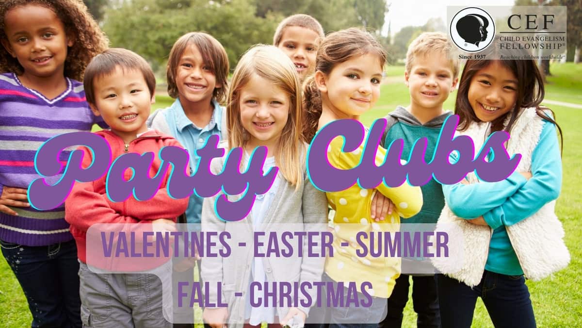Children promoting Party Clubs for Valentine's Day, Easter, summer, fall, and Christmas